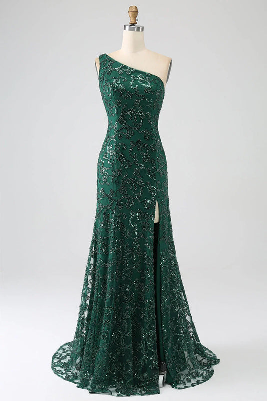 Sparkly Beaded Long Mermaid Lace Prom Dress With Slit