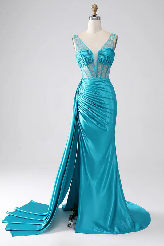 Mermaid V-Neck Sweep Train Pleated Corset Beaded Prom Dress