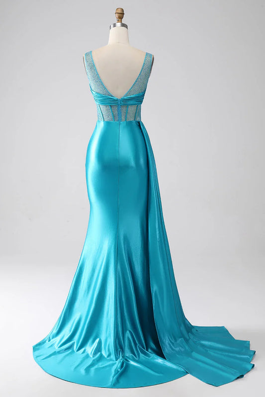 Mermaid V-Neck Sweep Train Pleated Corset Beaded Prom Dress