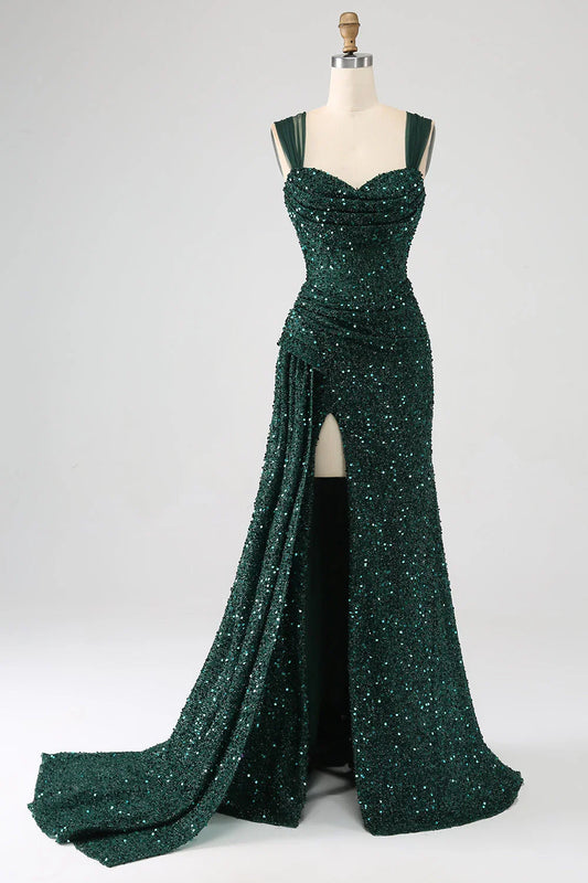 Sheath Sparkly Sequin Pleated Long Prom Dress With Thigh Split
