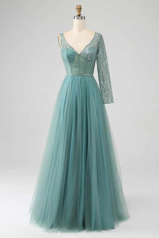 A-Line Sparkly Sequin Long Corset Prom Dress