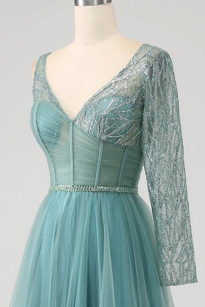 A-Line Sparkly Sequin Long Corset Prom Dress