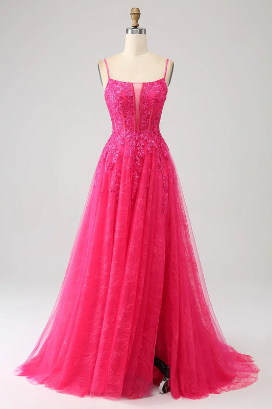 A-Line Corset Lace Long Prom Dress With Slit