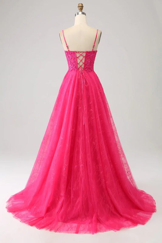A-Line Corset Lace Long Prom Dress With Slit