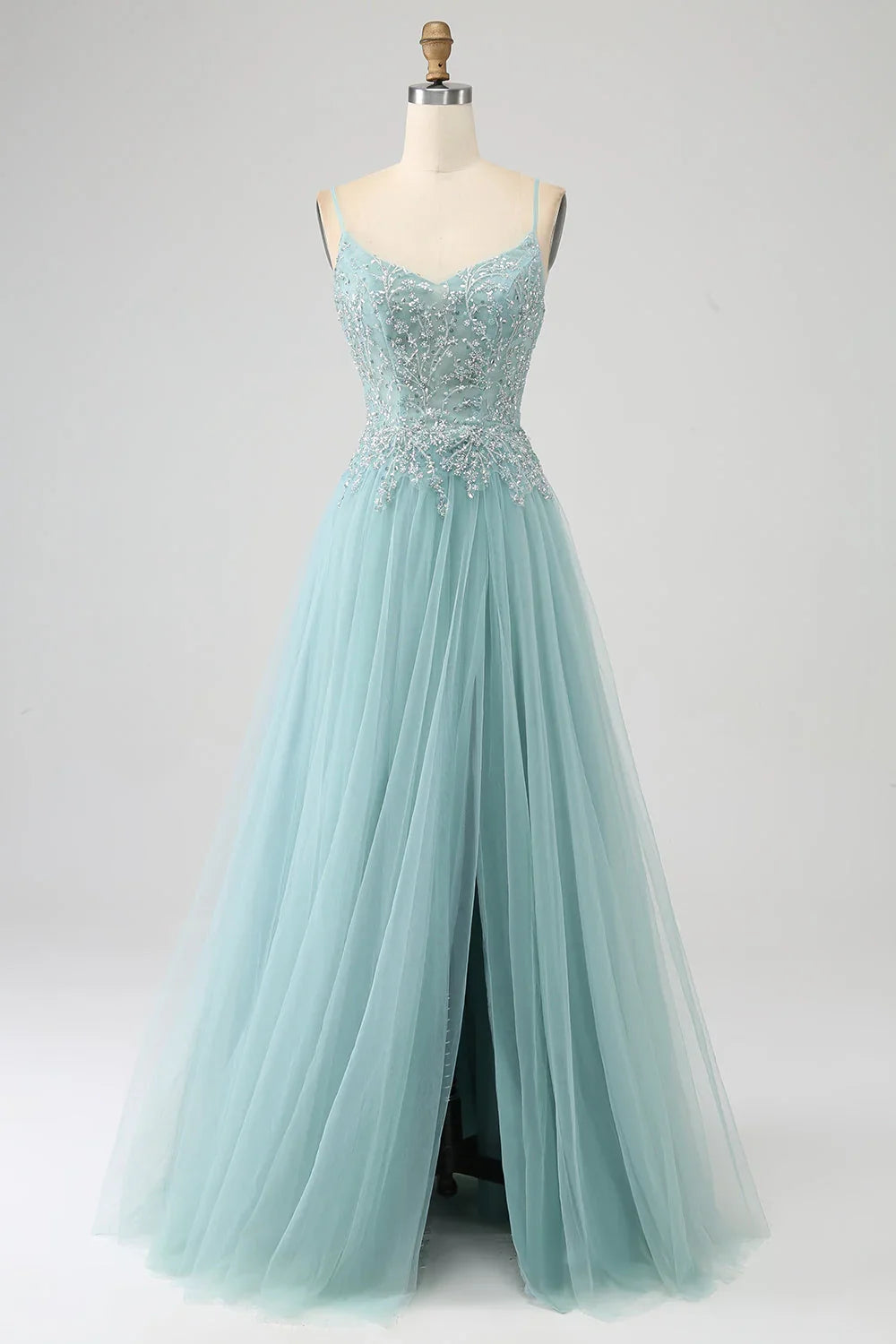 Sparkly A-Line Sequin Applique Corset Prom Dress With Slit