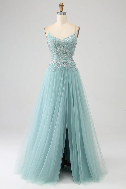 Sparkly A-Line Sequin Applique Corset Prom Dress With Slit
