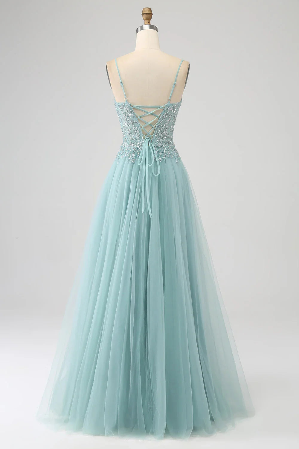 Sparkly A-Line Sequin Applique Corset Prom Dress With Slit