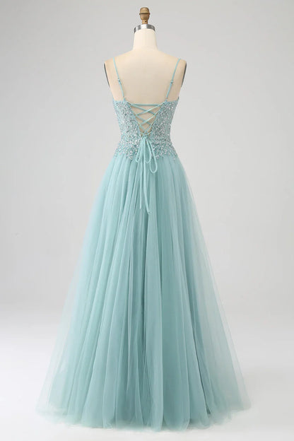 Sparkly A-Line Sequin Applique Corset Prom Dress With Slit