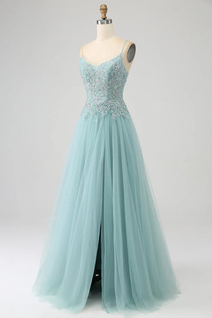 Sparkly A-Line Sequin Applique Corset Prom Dress With Slit