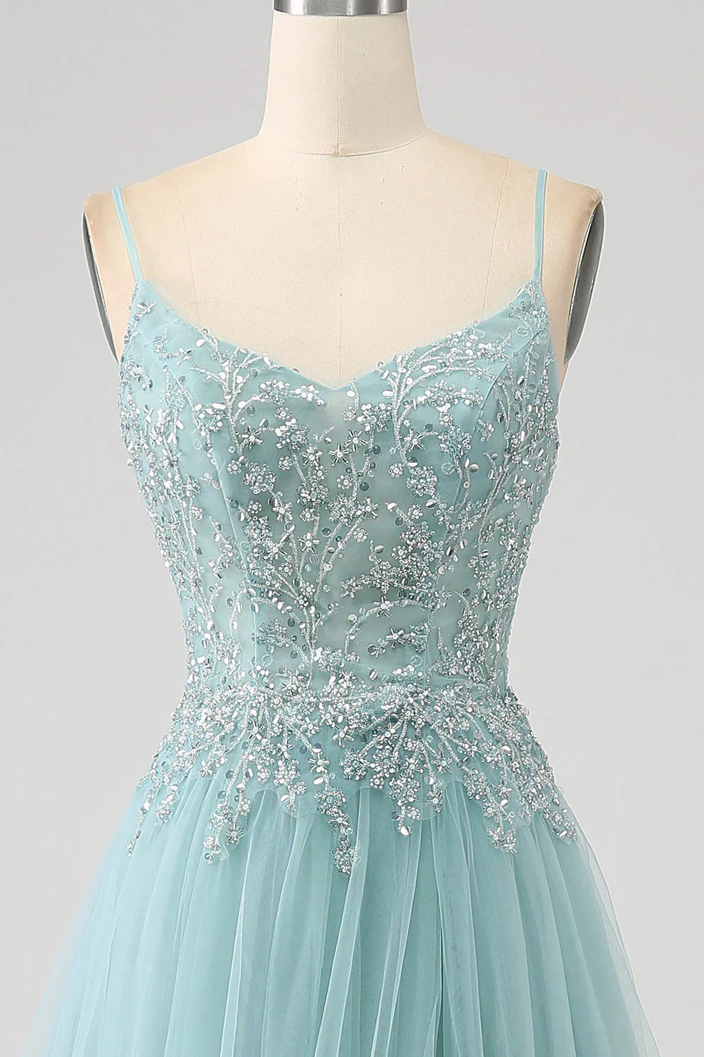 Sparkly A-Line Sequin Applique Corset Prom Dress With Slit
