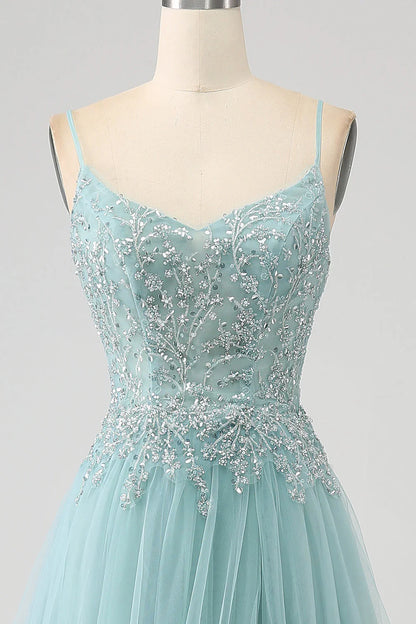 Sparkly A-Line Sequin Applique Corset Prom Dress With Slit