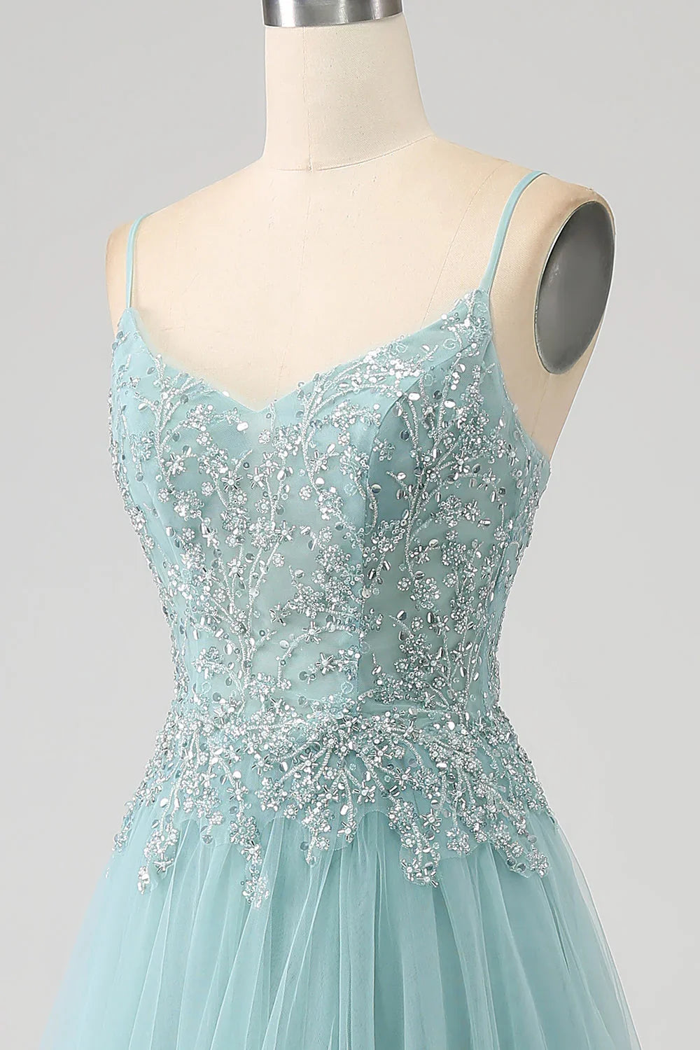 Sparkly A-Line Sequin Applique Corset Prom Dress With Slit
