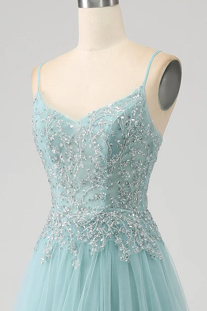 Sparkly A-Line Sequin Applique Corset Prom Dress With Slit