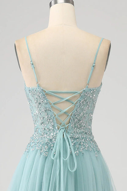 Sparkly A-Line Sequin Applique Corset Prom Dress With Slit