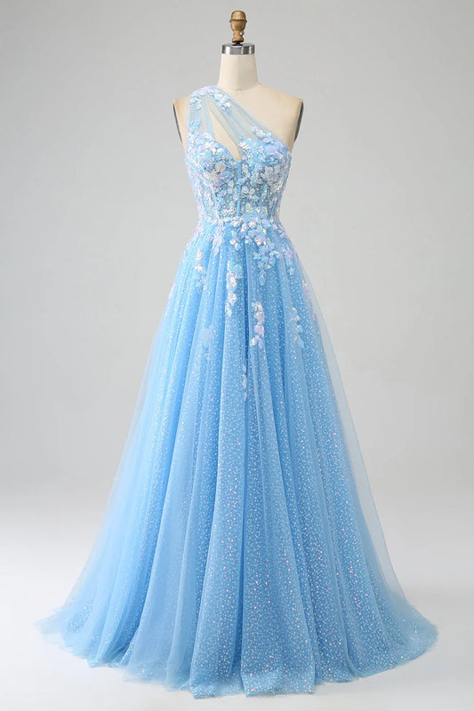 A Line One Shoulder Long Tulle Prom Dress With Appliques