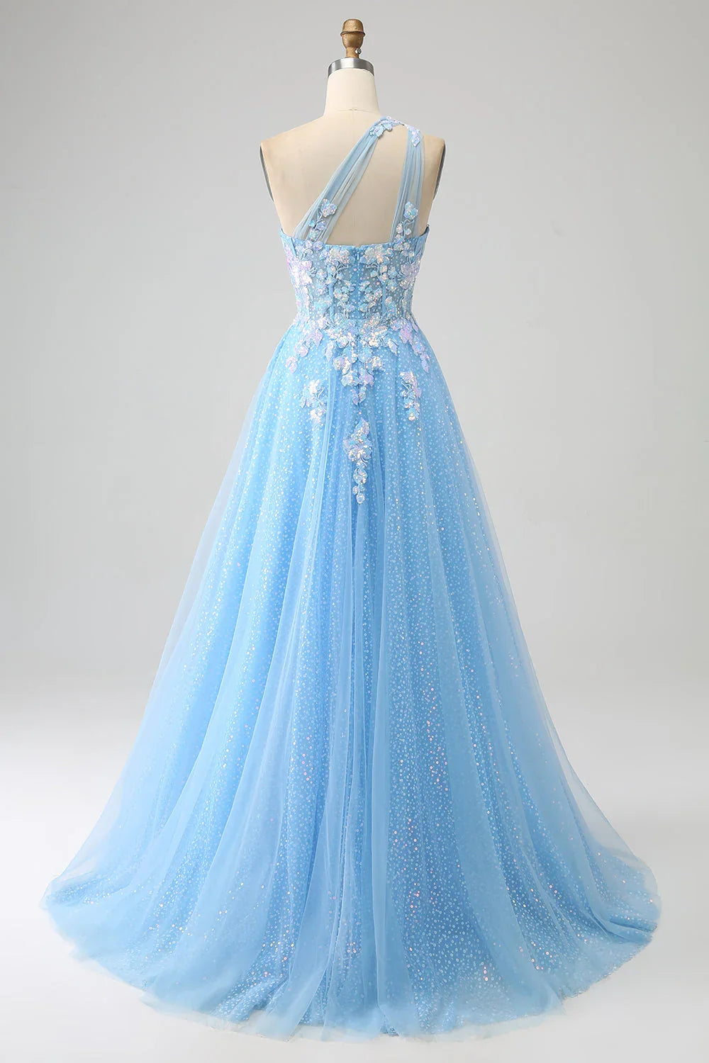 A Line One Shoulder Long Tulle Prom Dress With Appliques