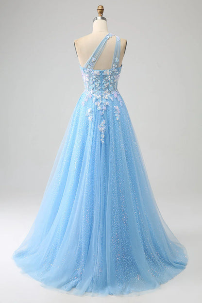 A Line One Shoulder Long Tulle Prom Dress With Appliques