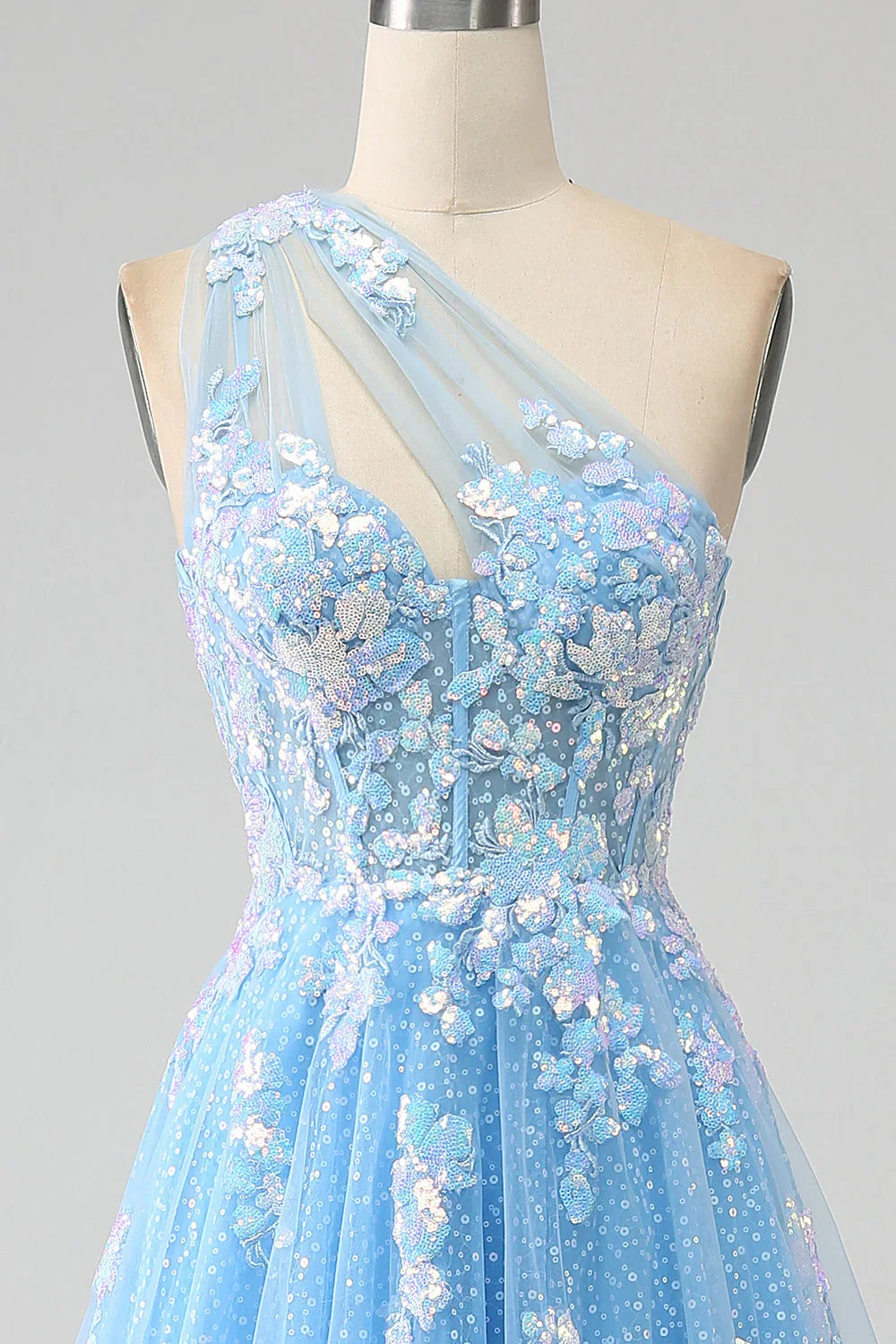 A Line One Shoulder Long Tulle Prom Dress With Appliques