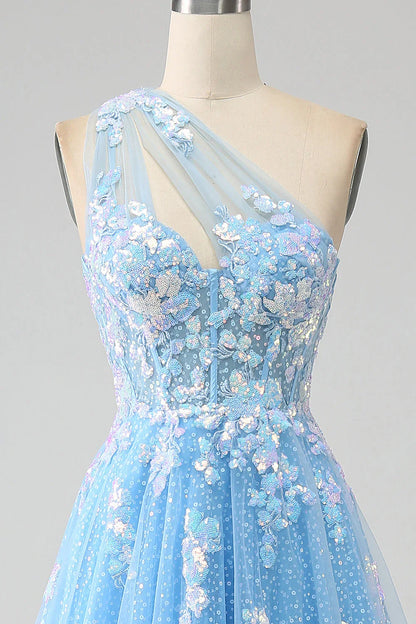 A Line One Shoulder Long Tulle Prom Dress With Appliques