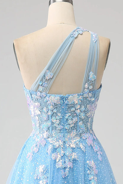 A Line One Shoulder Long Tulle Prom Dress With Appliques