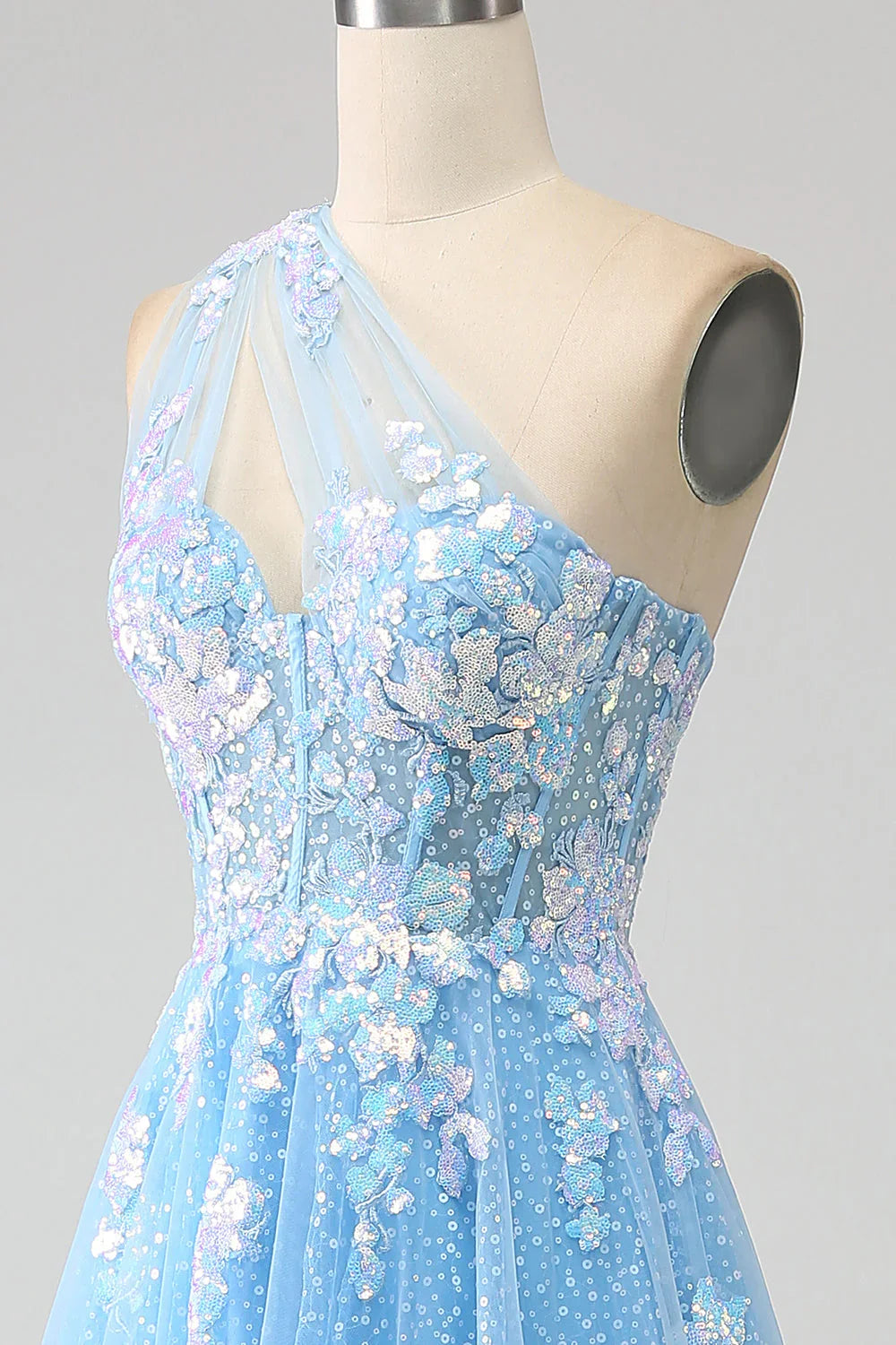 A Line One Shoulder Long Tulle Prom Dress With Appliques