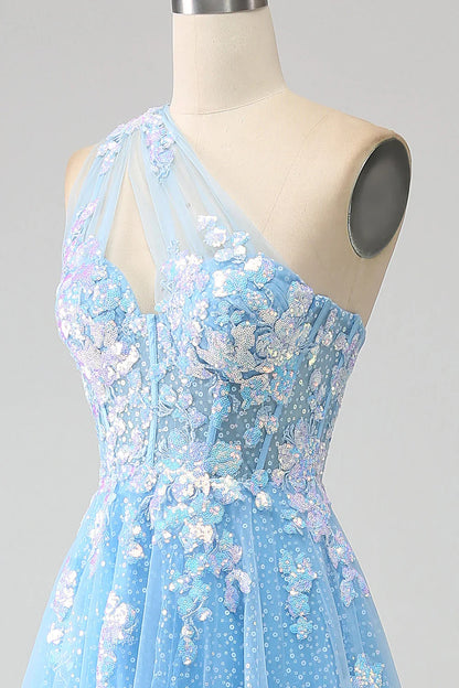 A Line One Shoulder Long Tulle Prom Dress With Appliques