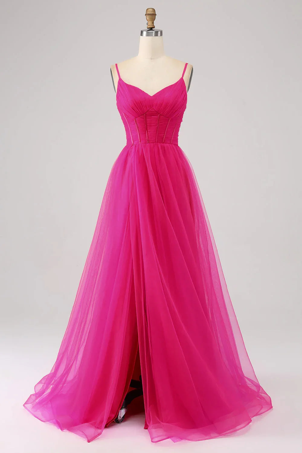 A-Line Spaghetti Straps Long Corset Prom Dress With Slit