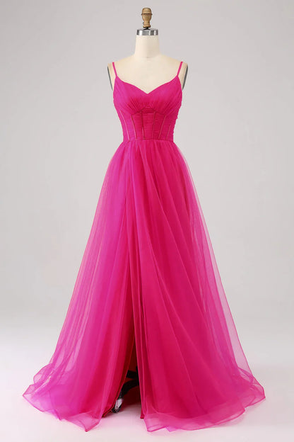 A-Line Spaghetti Straps Long Corset Prom Dress With Slit