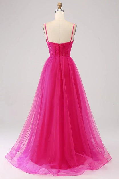 A-Line Spaghetti Straps Long Corset Prom Dress With Slit