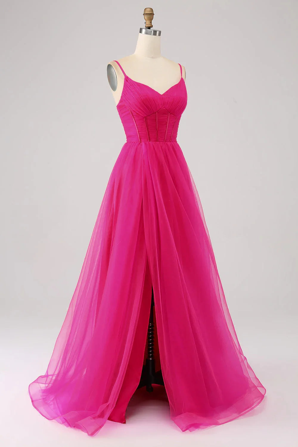 A-Line Spaghetti Straps Long Corset Prom Dress With Slit