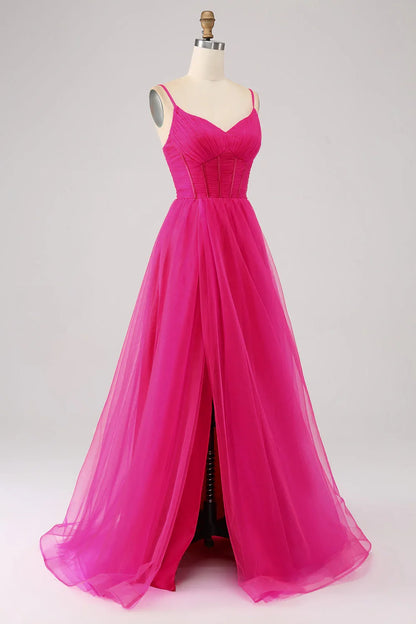 A-Line Spaghetti Straps Long Corset Prom Dress With Slit