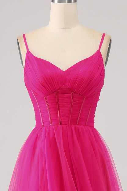 A-Line Spaghetti Straps Long Corset Prom Dress With Slit
