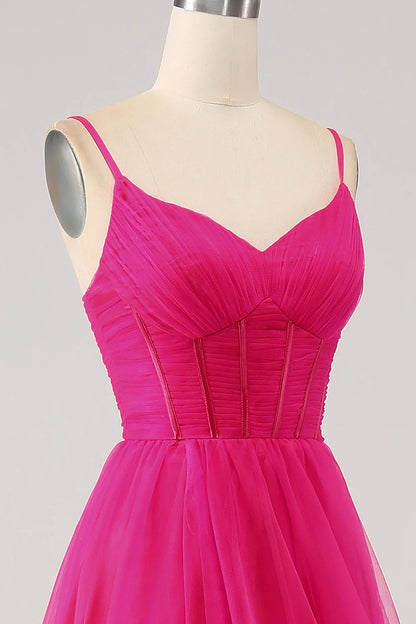 A-Line Spaghetti Straps Long Corset Prom Dress With Slit