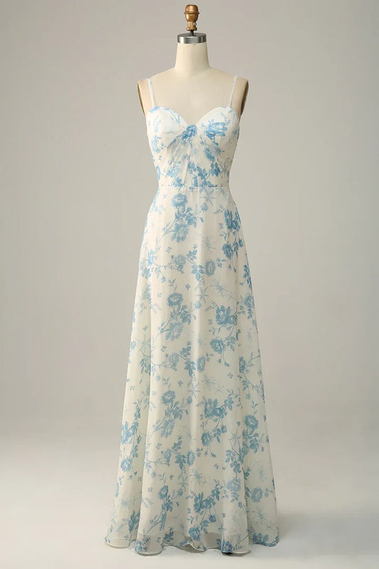 Blue‑Floral Printed‑Chiffon A‑Line Sweetheart Twisted Spaghetti‑Strap Bow Open‑Back Floor‑Length Bridesmaid Dresses