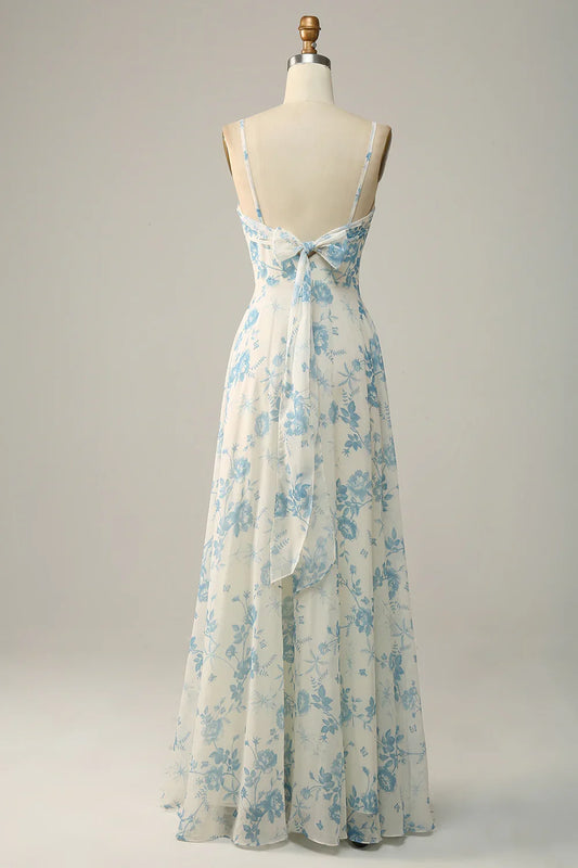 Blue‑Floral Printed‑Chiffon A‑Line Sweetheart Twisted Spaghetti‑Strap Bow Open‑Back Floor‑Length Bridesmaid Dresses