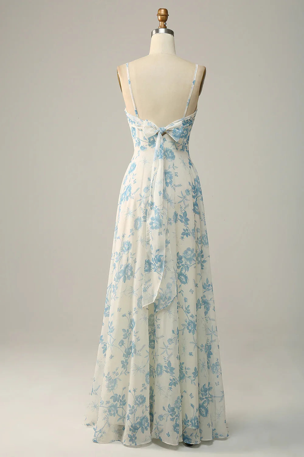 Spaghetti Straps White Blue Flower Floral Long Bridesmaid Dress