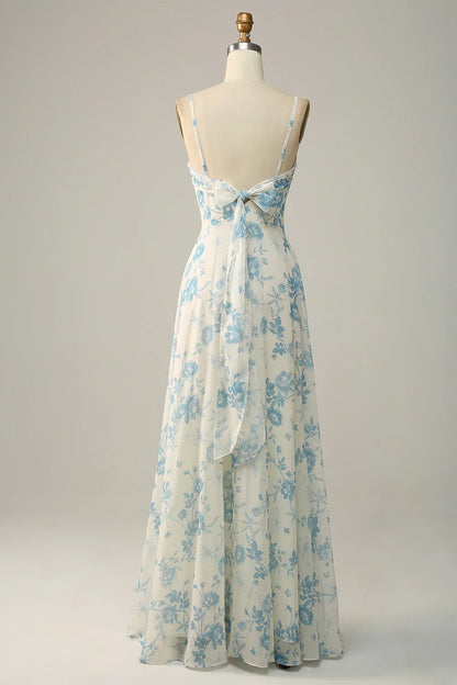 Spaghetti Straps White Blue Flower Floral Long Bridesmaid Dress