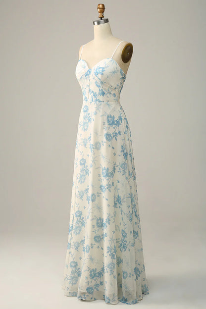Spaghetti Straps White Blue Flower Floral Long Bridesmaid Dress