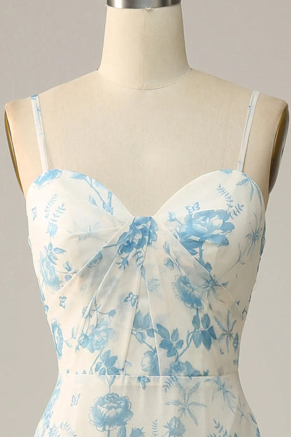 Spaghetti Straps White Blue Flower Floral Long Bridesmaid Dress