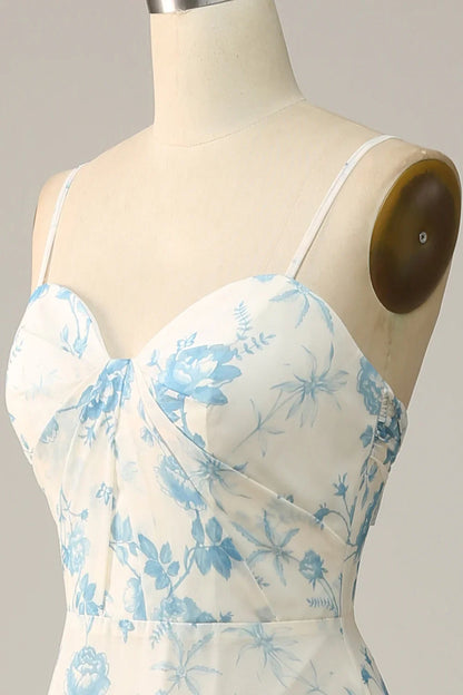 Spaghetti Straps White Blue Flower Floral Long Bridesmaid Dress