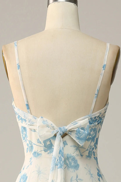 Spaghetti Straps White Blue Flower Floral Long Bridesmaid Dress