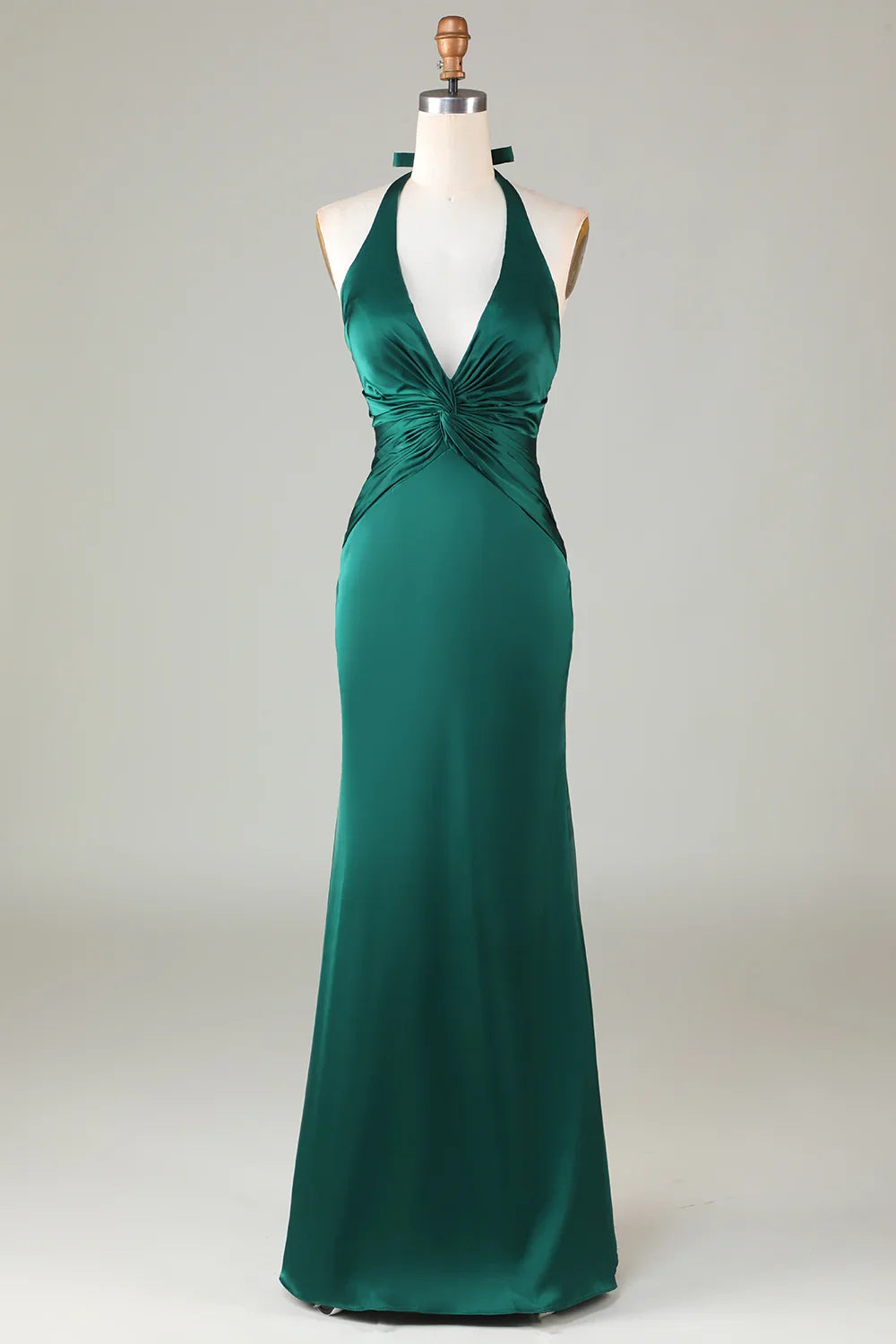 Emerald Satin Twisted Mermaid Halter Deep‑V Sleeveless Tie Open‑Back Floor‑Length Bridesmaid Dresses