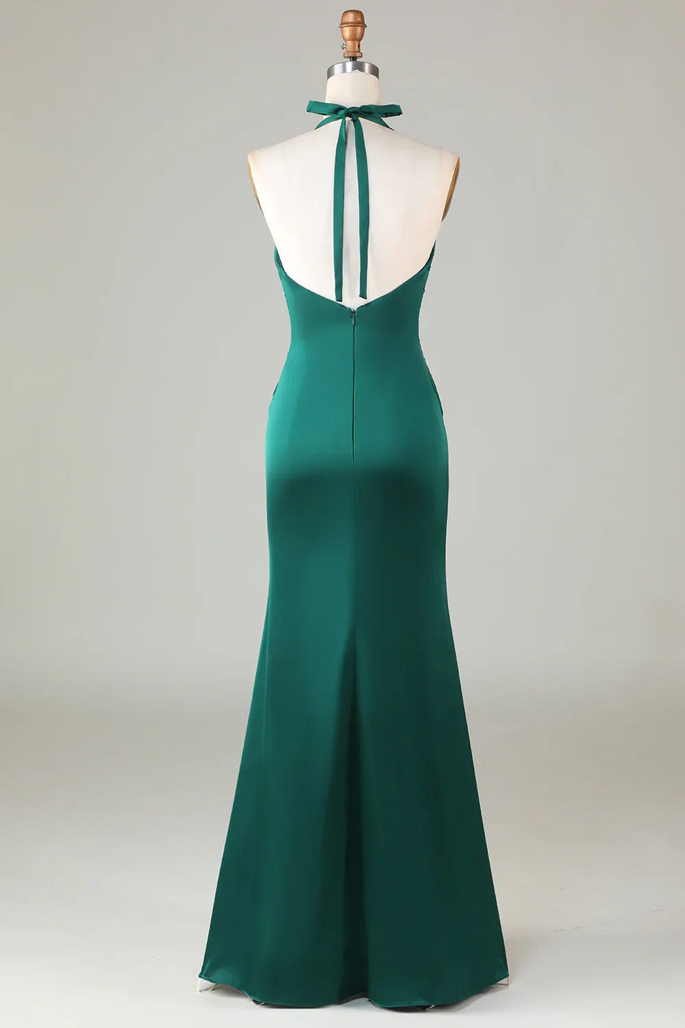 Emerald Satin Twisted Mermaid Halter Deep‑V Sleeveless Tie Open‑Back Floor‑Length Bridesmaid Dresses