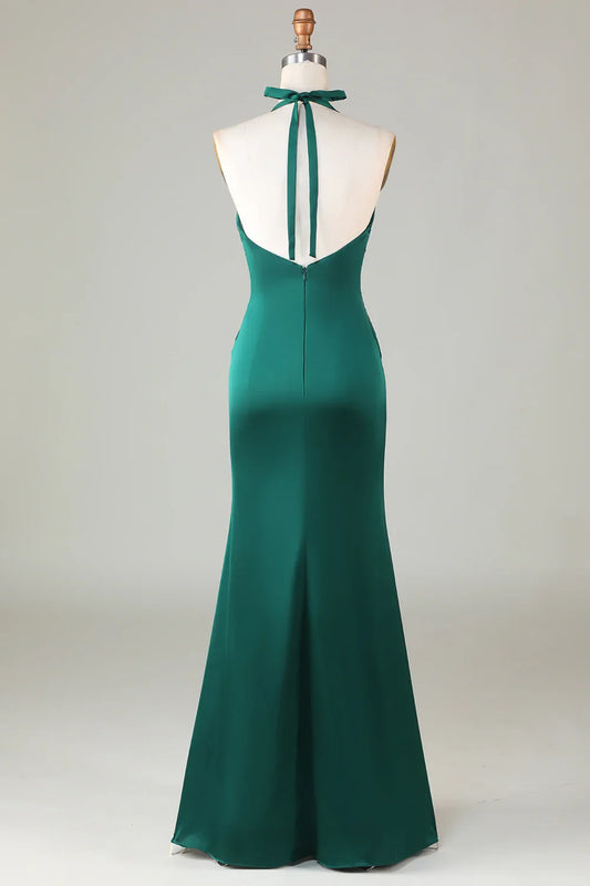 Emerald Satin Twisted Mermaid Halter Deep‑V Sleeveless Tie Open‑Back Floor‑Length Bridesmaid Dresses