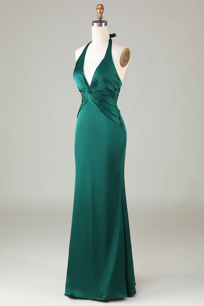 Emerald Satin Twisted Mermaid Halter Deep‑V Sleeveless Tie Open‑Back Floor‑Length Bridesmaid Dresses