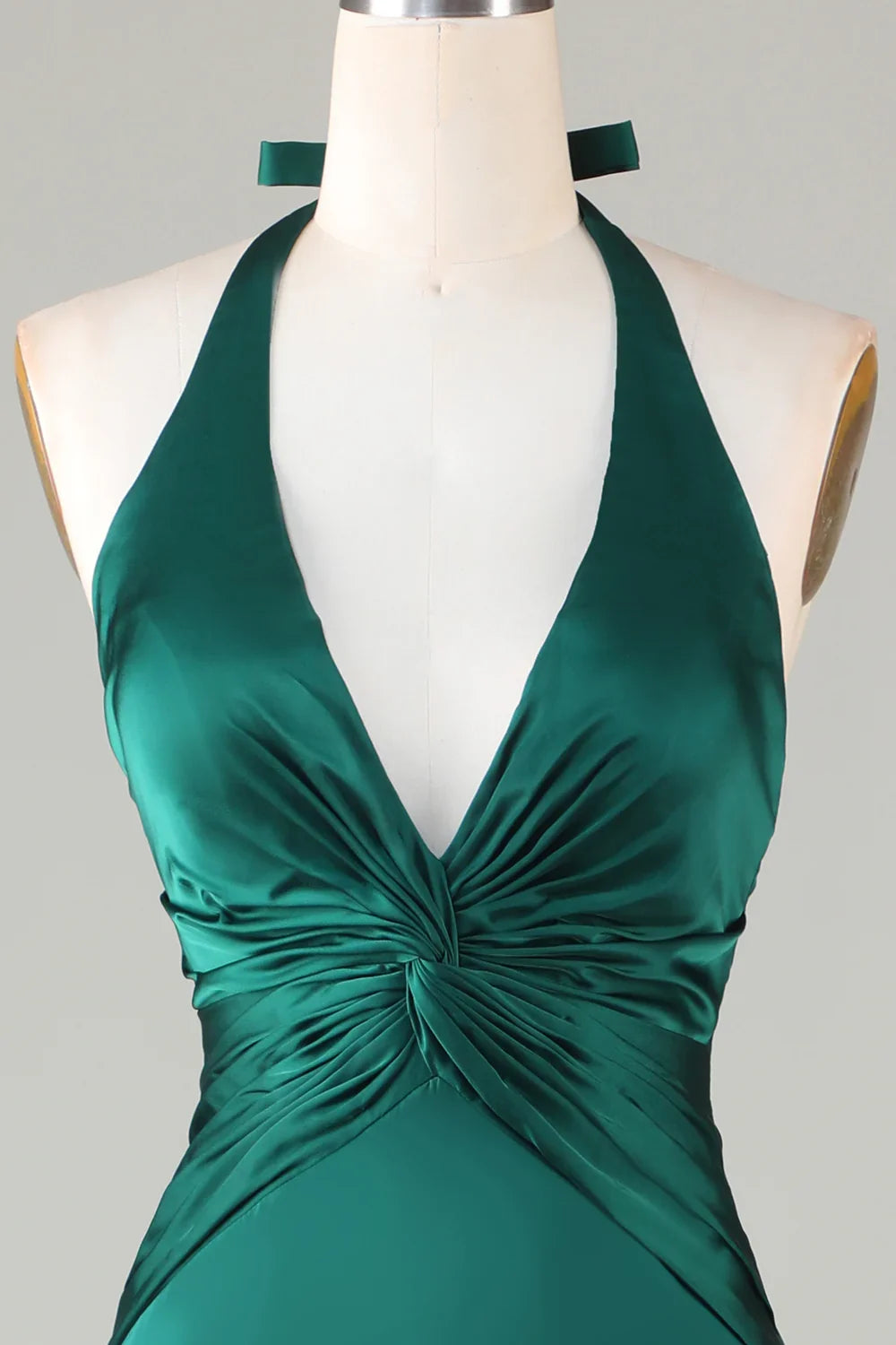 Emerald Satin Twisted Mermaid Halter Deep‑V Sleeveless Tie Open‑Back Floor‑Length Bridesmaid Dresses