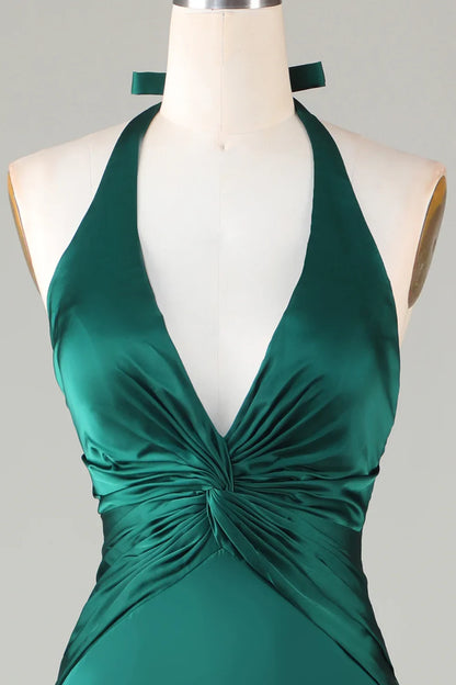 Emerald Satin Twisted Mermaid Halter Deep‑V Sleeveless Tie Open‑Back Floor‑Length Bridesmaid Dresses
