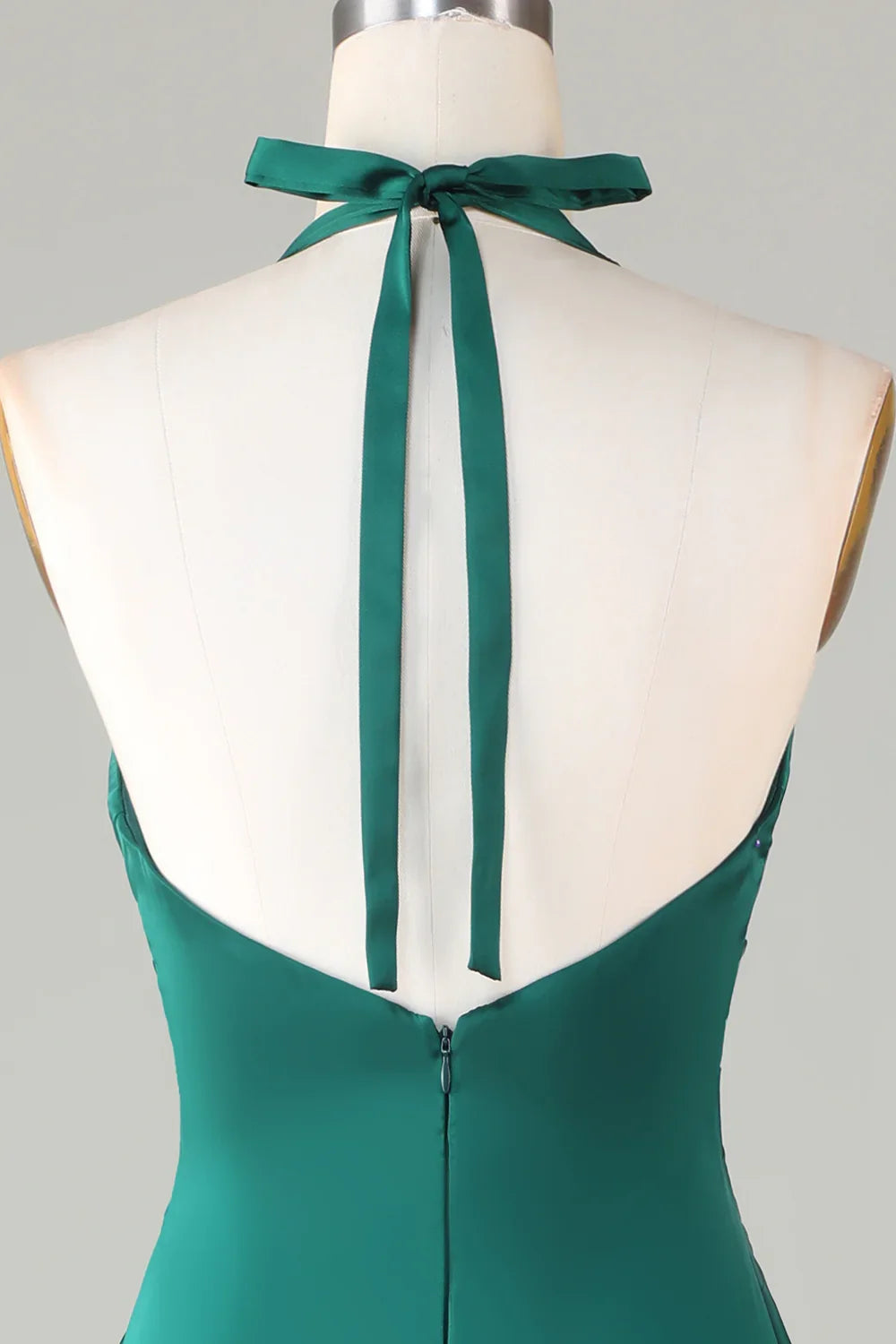 Emerald Satin Twisted Mermaid Halter Deep‑V Sleeveless Tie Open‑Back Floor‑Length Bridesmaid Dresses