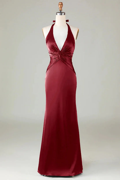 Mermaid Halter Long Satin Bridesmaid Dress
