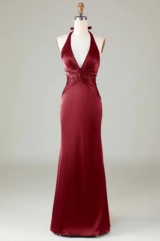Mermaid Halter Long Satin Bridesmaid Dress